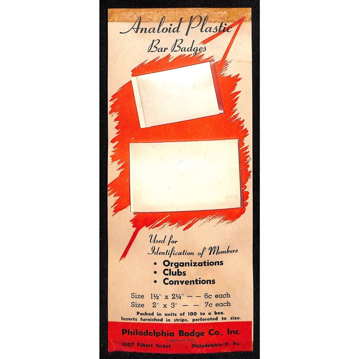 c1954 Bar Badge ID Pinback on Phila. Badge Co. Catalog Salesman's Sample Card