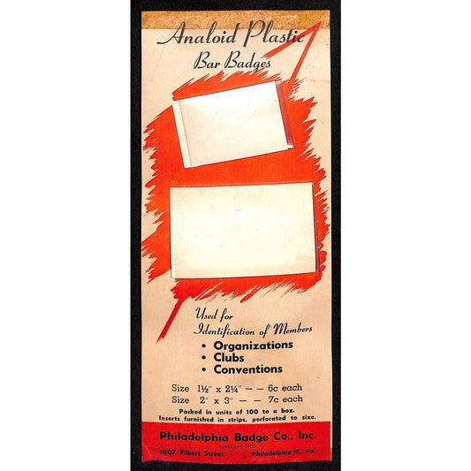 c1954 Bar Badge ID Pinback on Phila. Badge Co. Catalog Salesman's Sample Card