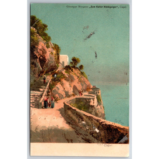 Italian Postcard Capri People Stroll Along Sea Shore Wall c1901-1907