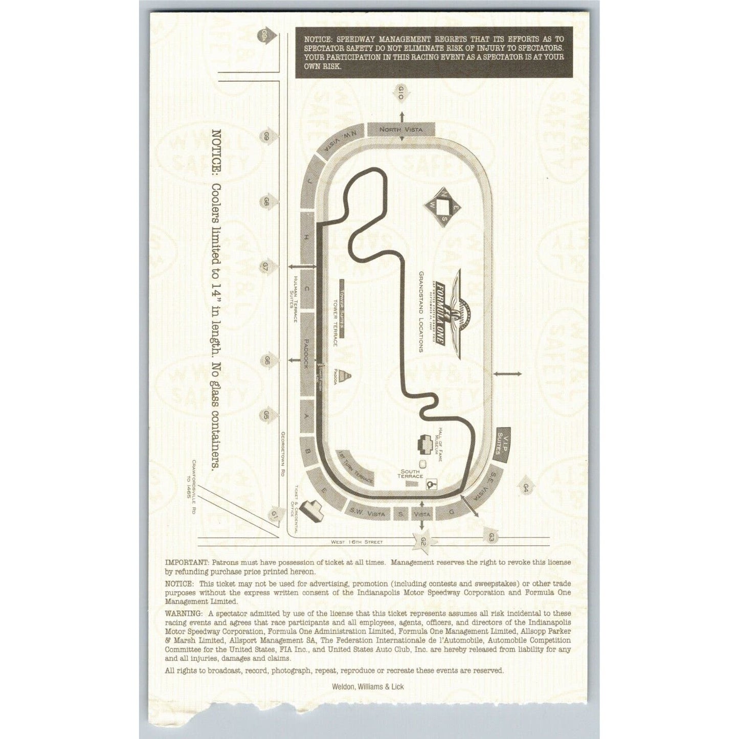 2000 Indianapolis Formula One Grand Prix Racing Race Day Ticket Stub - Seat 1
