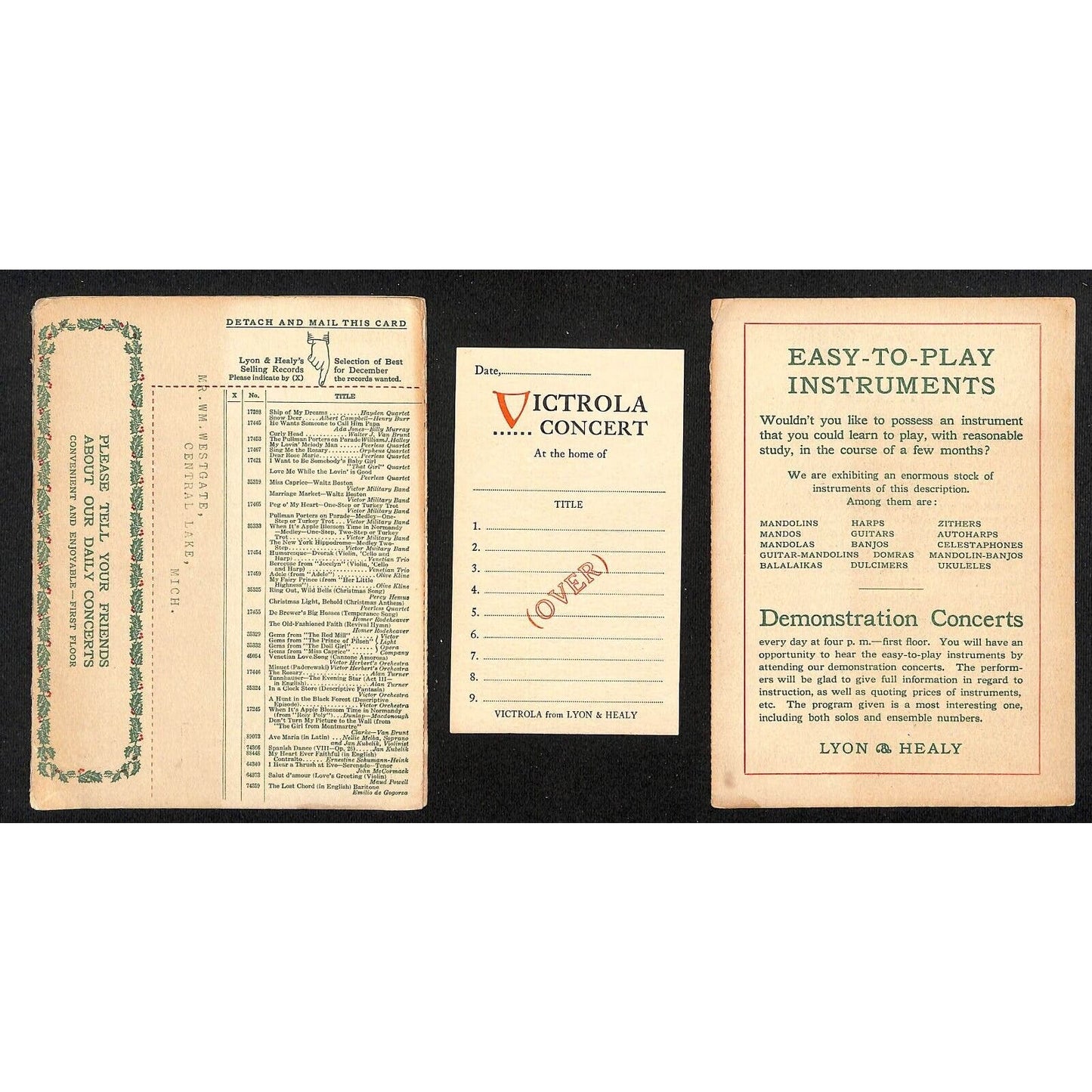 Lyon & Healy Chicago Postal Mailer Envelope w/ Victrola & Pianola Cards 1913