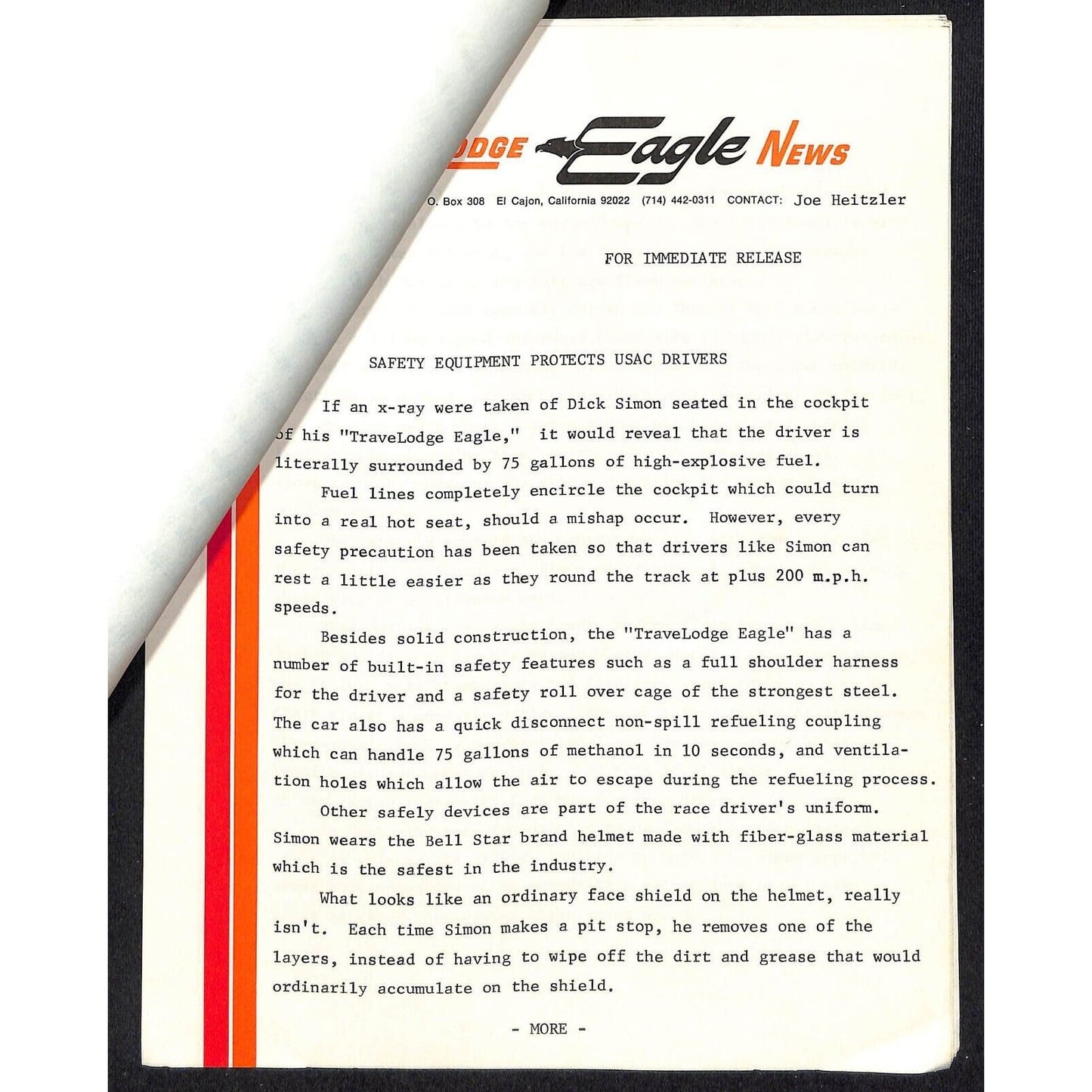 c1973 Dick Simon / TraveLodge Indy 500 Indianapolis Press Releases & Specs 12pp
