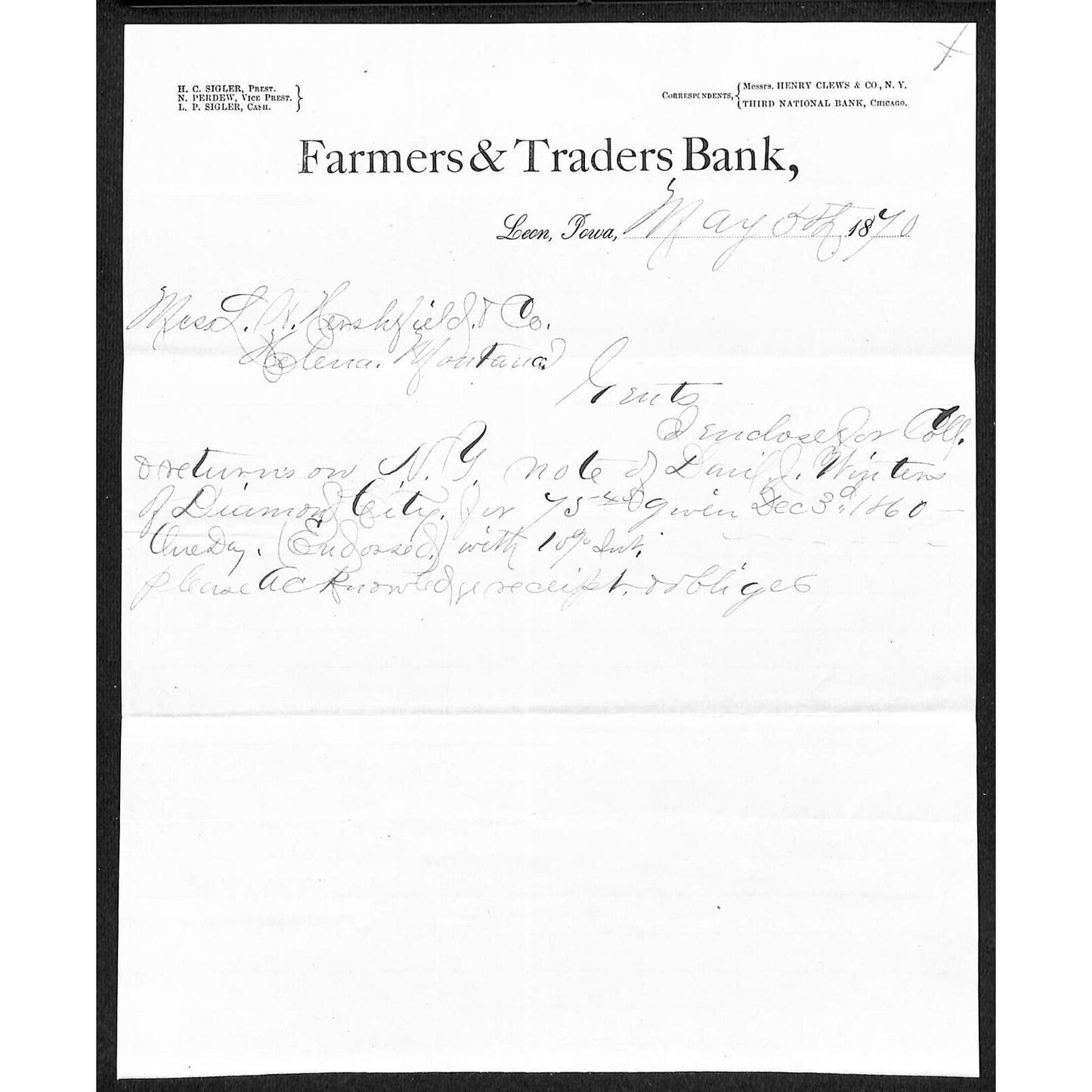 Leon, IA Farmers and Traders Bank 1870 Letterhead L.H. Hershfield* re:1860 Note