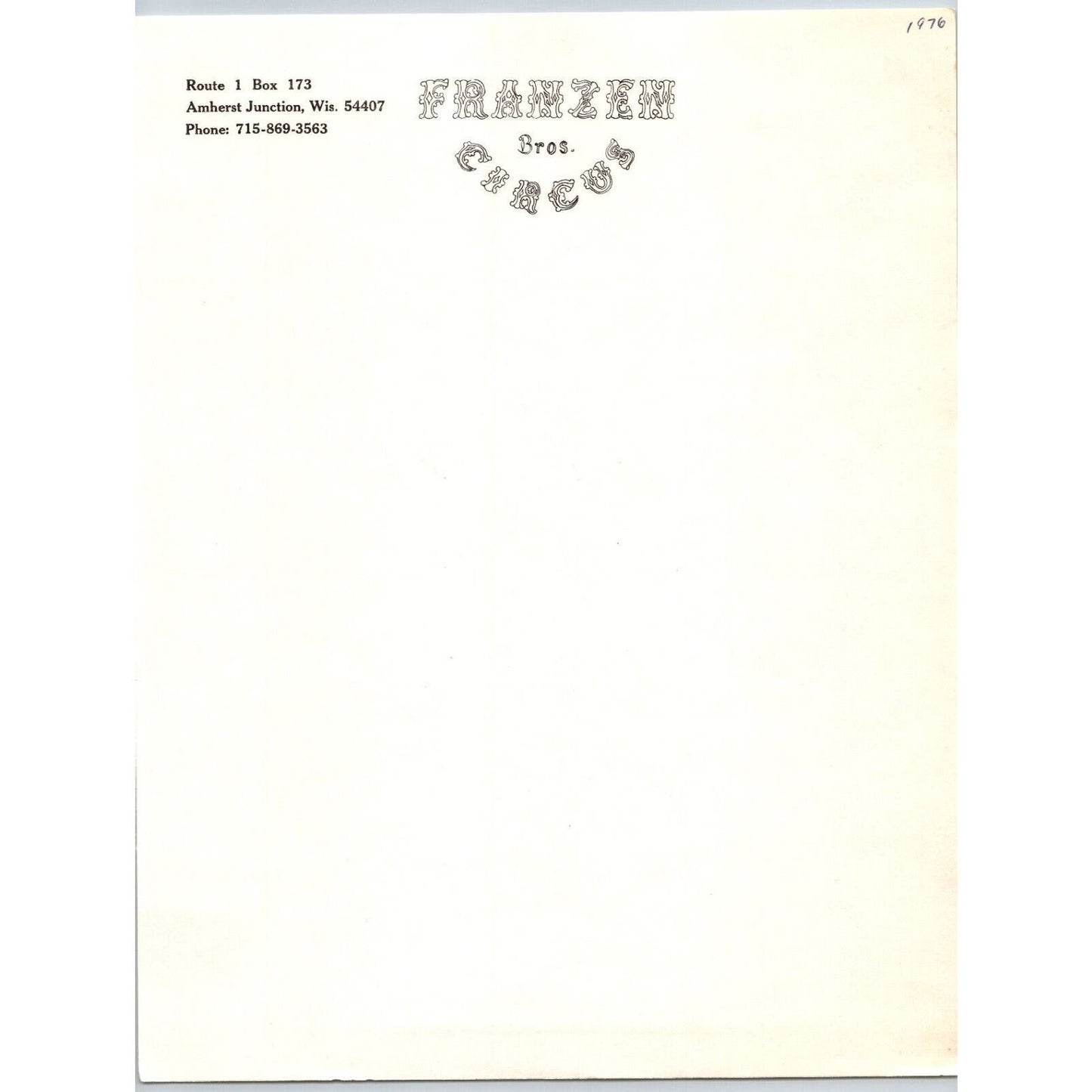 Franzen Bros. Circus Letterhead c1974-80's Amherst Junction, WI Scarce
