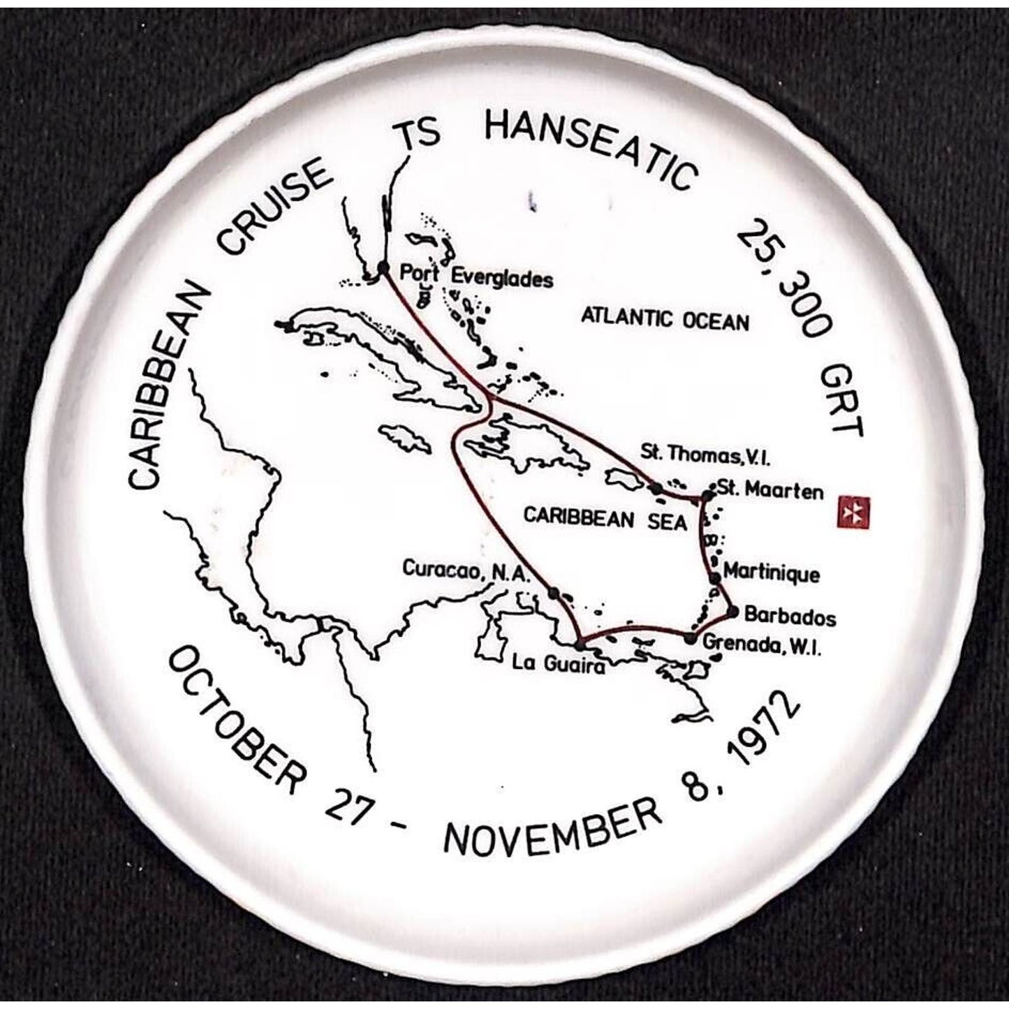 Caribbean Cruse TS Hanseatic Hamburg AL 1972 Ceramic Tip Tray w/ Route Map VGC