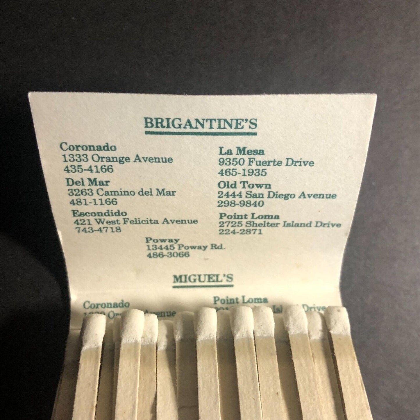 Brigantine Seafood / Miguel's Restaurant Mostly Full (-4) Matchbook c1980's VGC