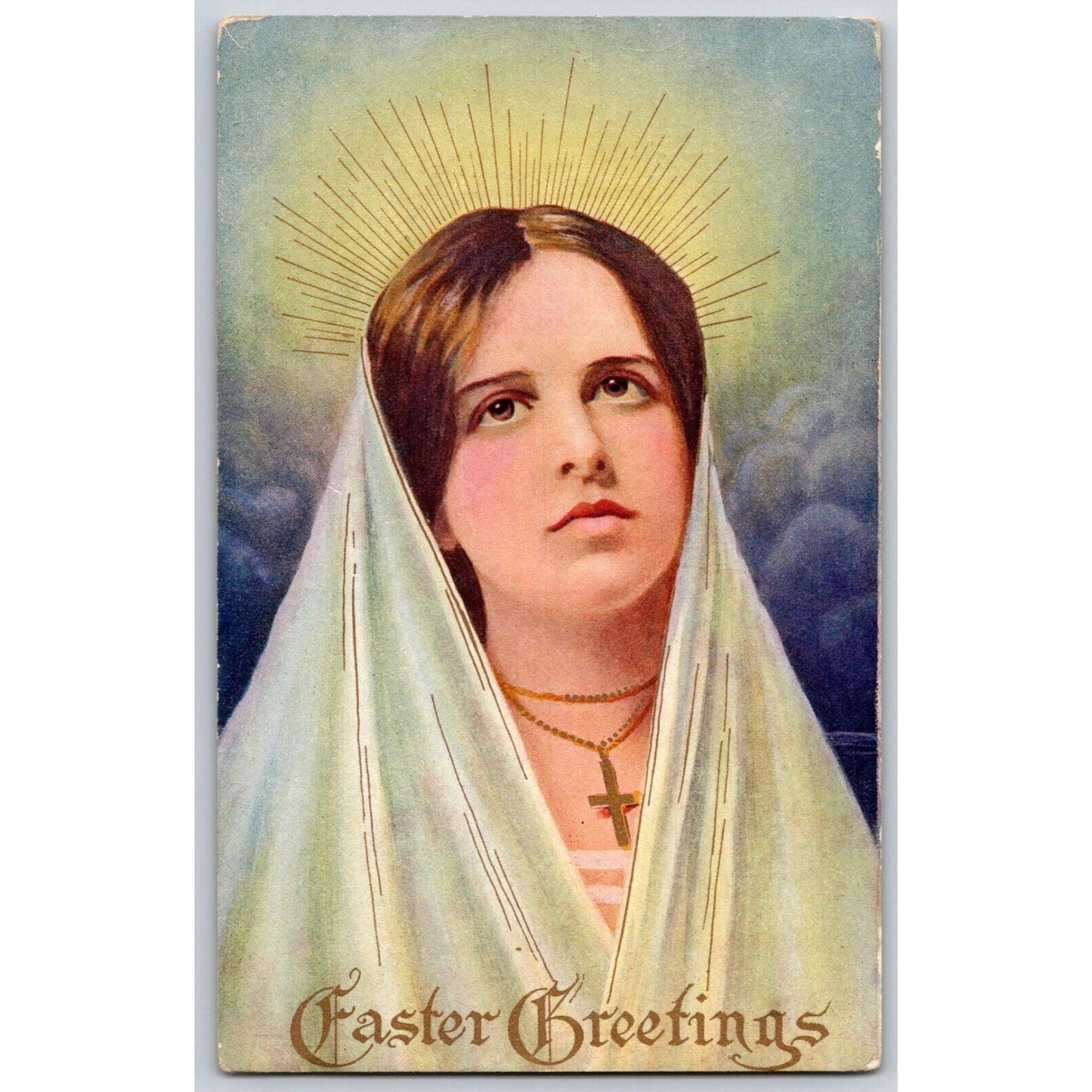 Vintage Easter Postcard "Easter Greetings" Girl Cross Clouds CR 1908
