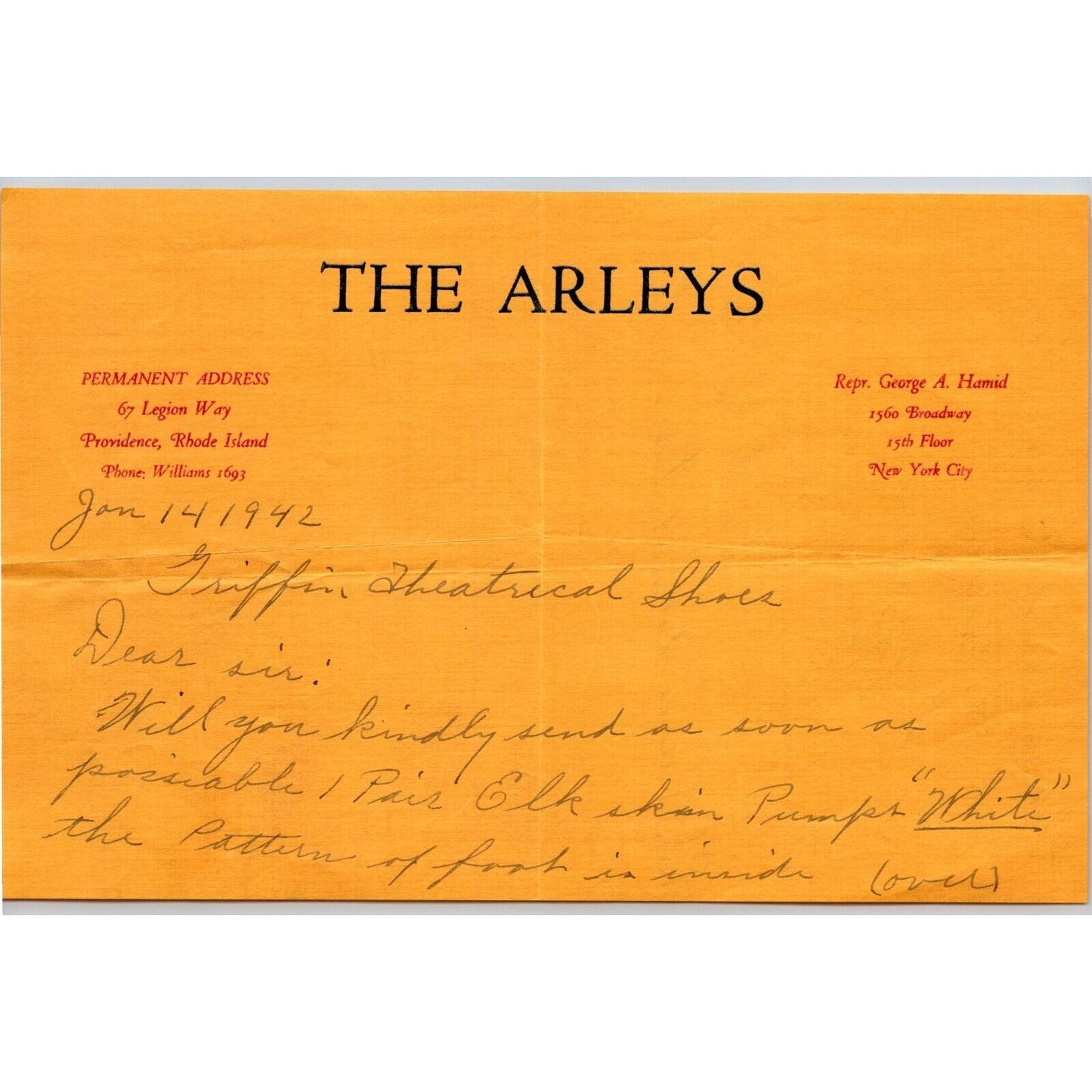 The Arleys Acrobats Providence / NYC 1942 Circus Letterhead Signed "Dick Arley"
