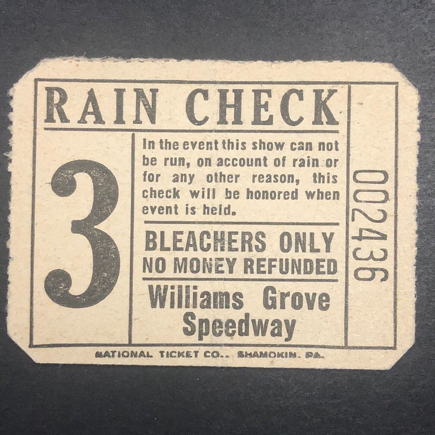 Auto Racing Rain Check Ticket 1946 Williams Grove Speedway Bill Holland #2436