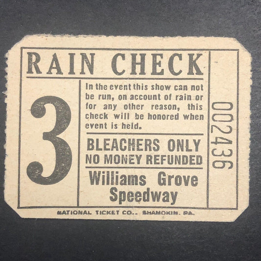 Auto Racing Rain Check Ticket 1946 Williams Grove Speedway Bill Holland #2436