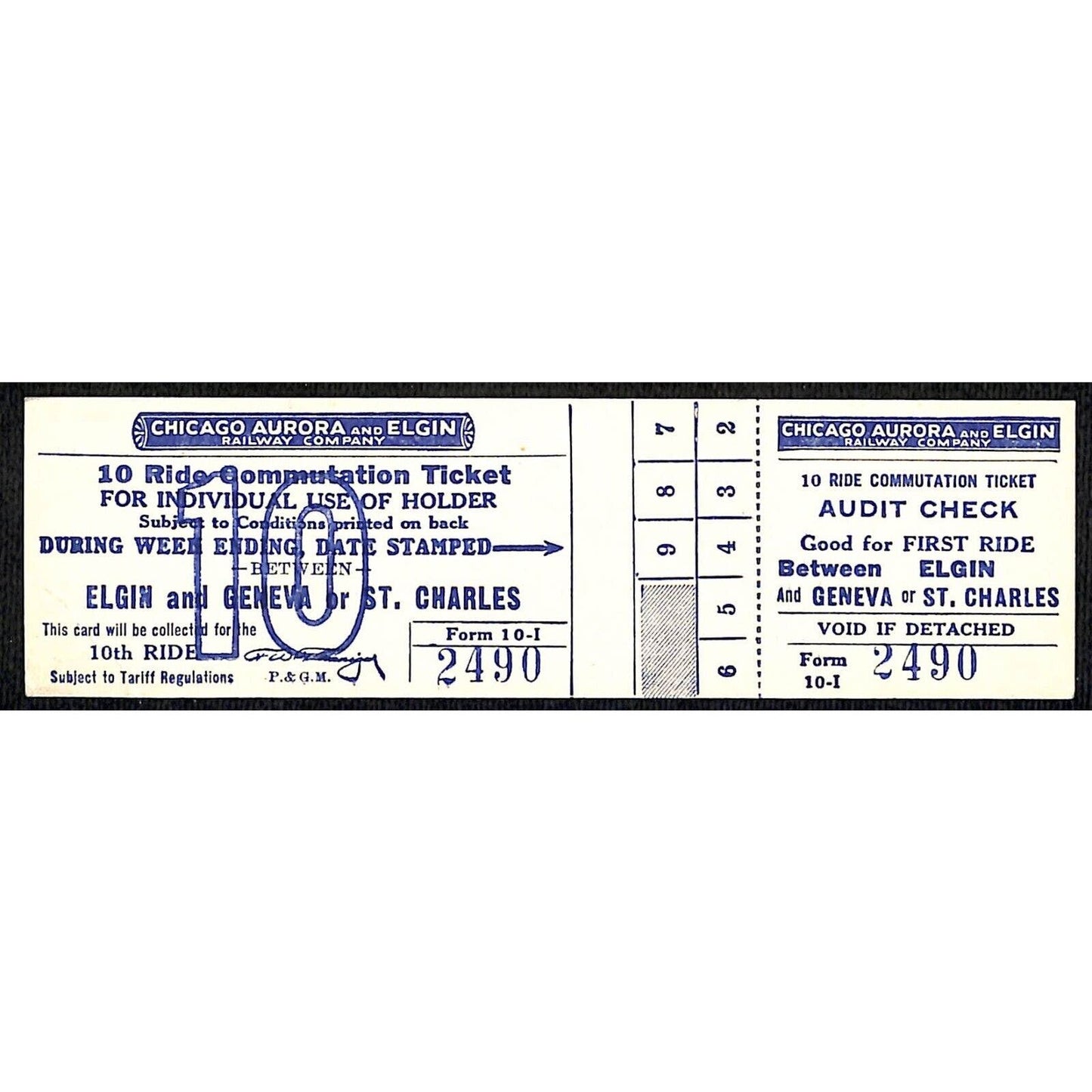Chicago Aurora and Elgin Railway (1902-57) 10 Ride Ticket St. Charles