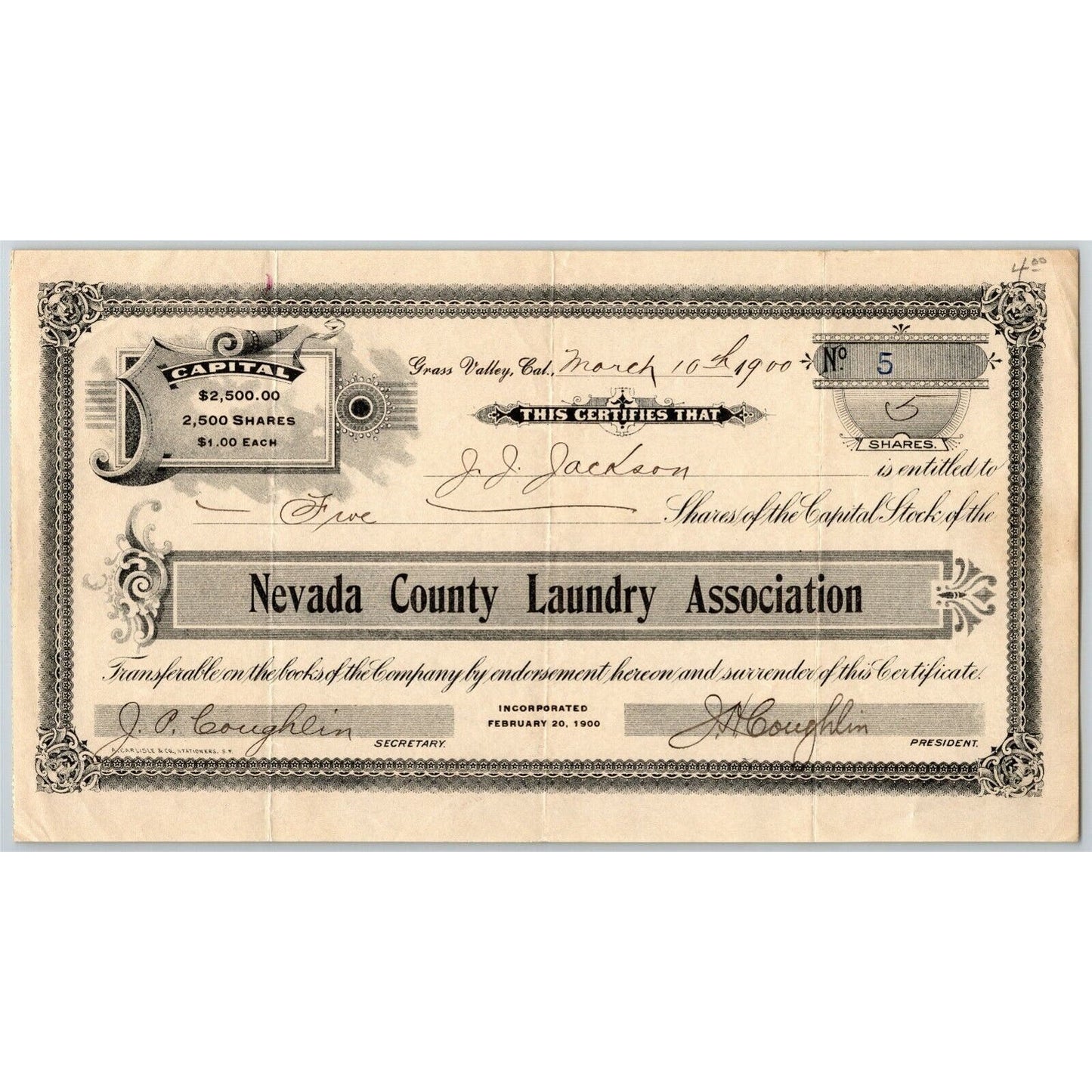 Vintage 1900 Stock Certificate "Nevada County Laundry Association"