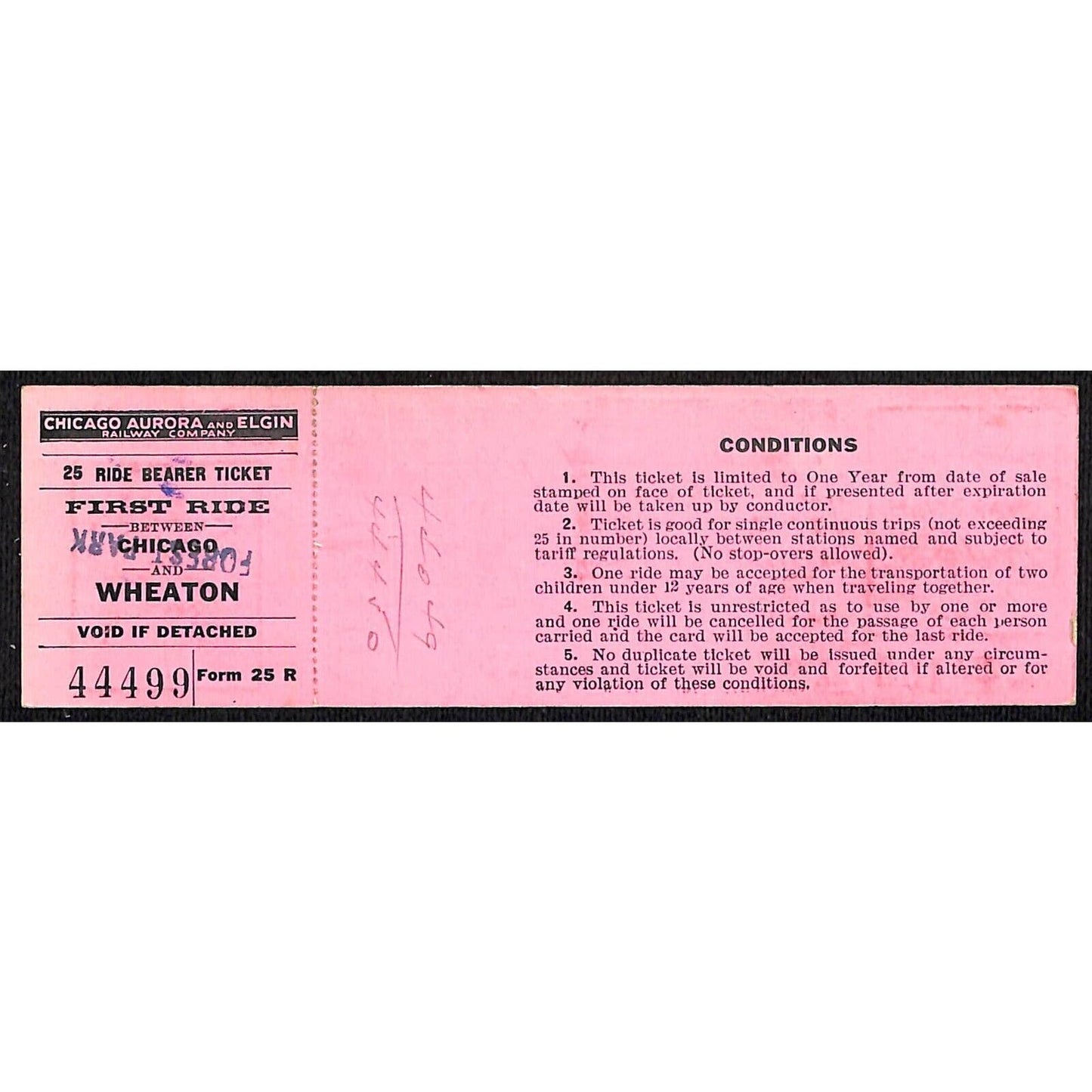 Chicago Aurora and Elgin Railway (1902-57) 25 Ride Ticket Forest Park / Wheaton