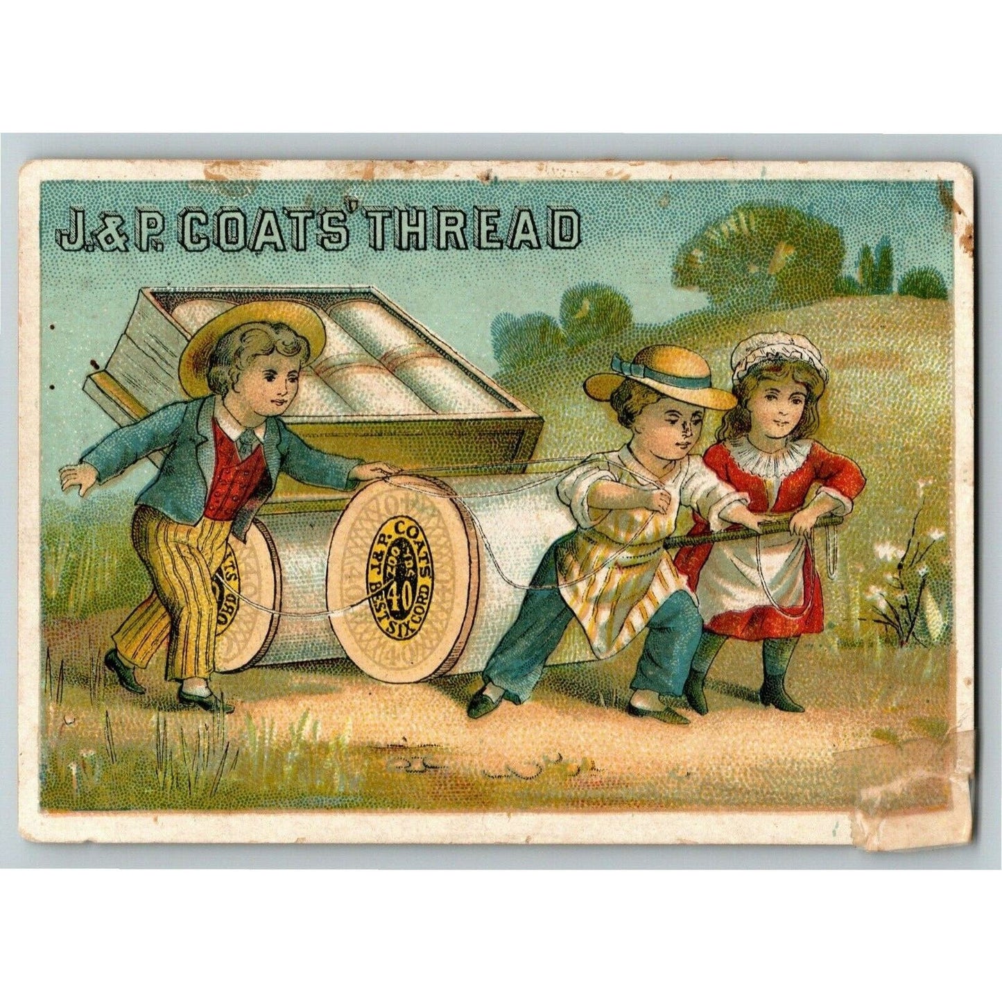 Victorian Trade Card J & P Coats Thread - Kids Pull Cart of Giant Spools
