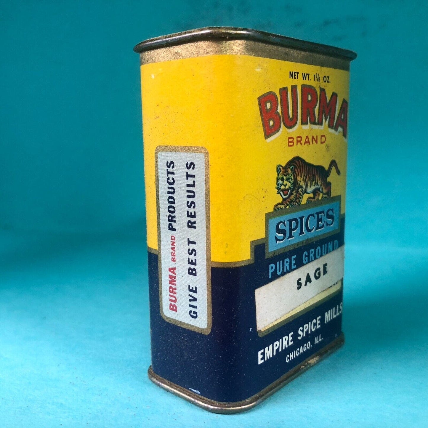 Burma Brand Chicago Sage Spice Tin 3 1/8"h Fiber Body w/ Tiger c1940's Scarce