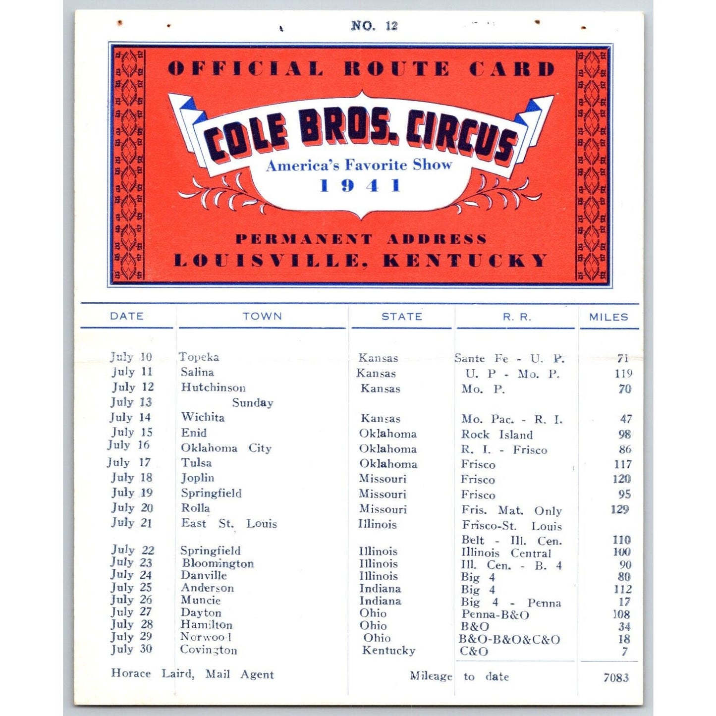 1941 Cole Bros Circus Route Card Kansas Oklahoma Missouri Illinois Ohio