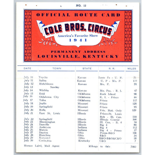 1941 Cole Bros Circus Route Card Kansas Oklahoma Missouri Illinois Ohio