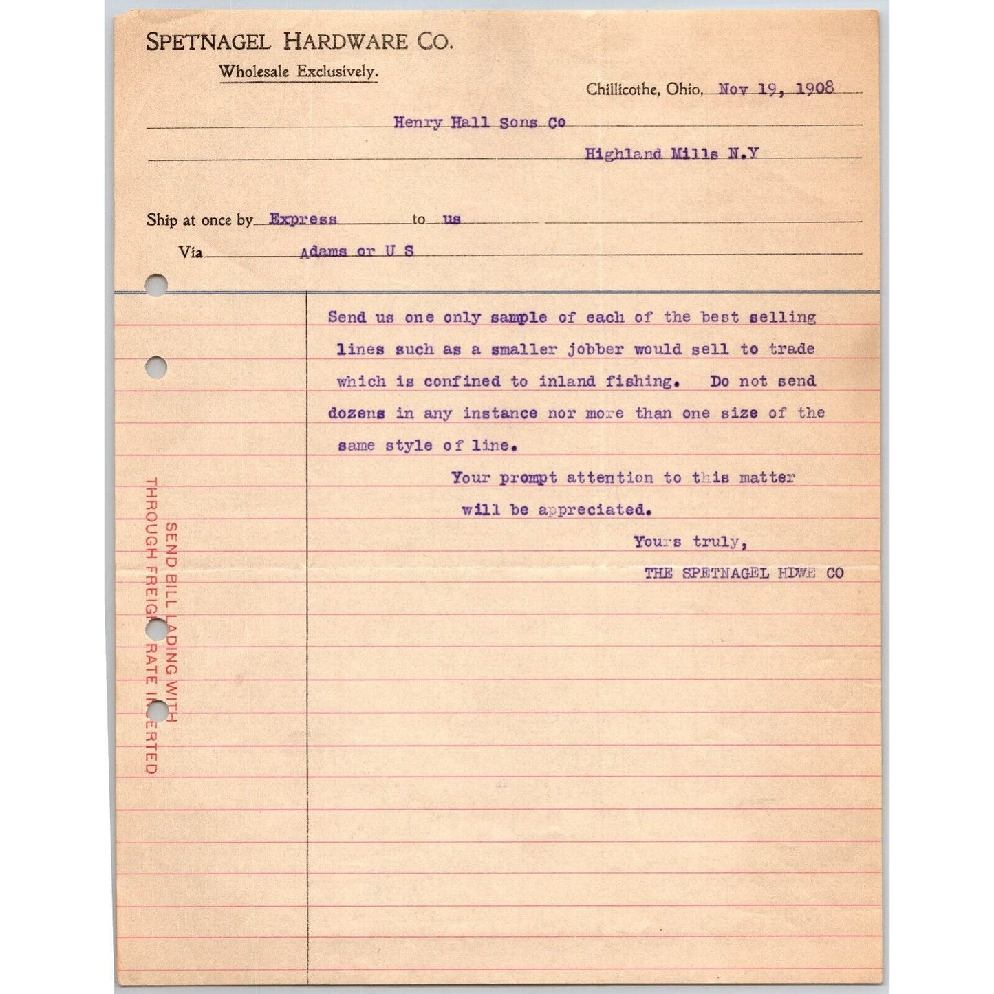 Chillicothe, OH Spetnagel Hardware Co. 1908 Letterhead to Henry Hall Rods