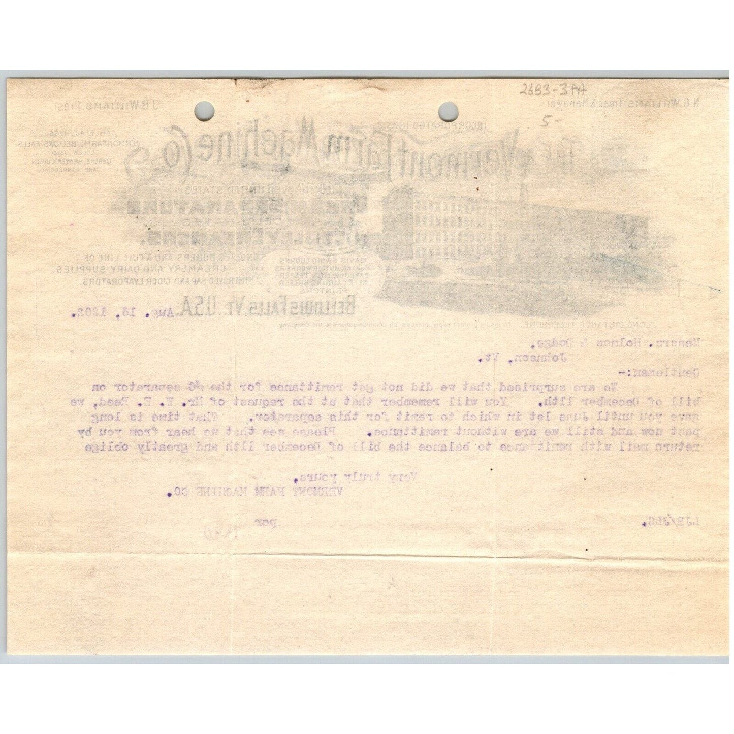 Bellows Falls, VT "Vermont Farm Machine Co" Cream Separators 1902 Billhead