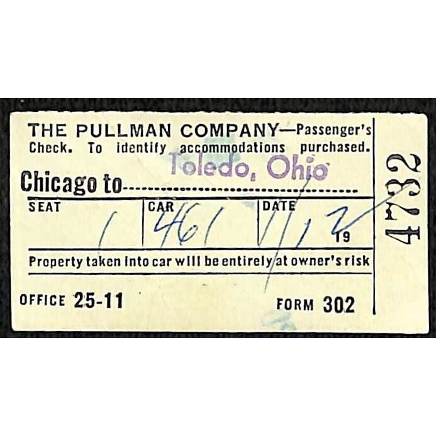 Pullman Company 1953 Railroad Ticket Chicago to Toledo #4732