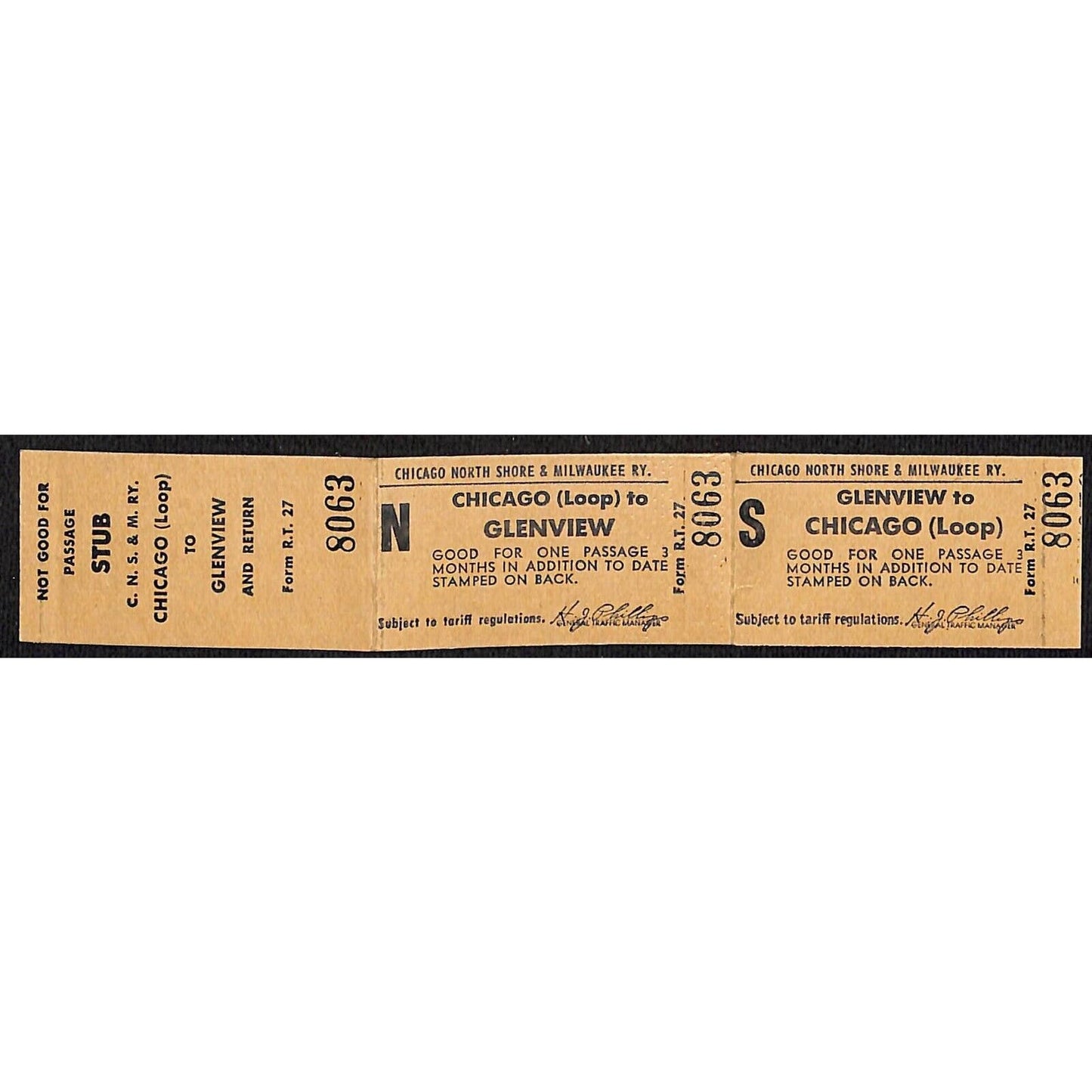 Chicago North Shore & Milwaukee RY Ticket w/ Stub c1950's Glenview #8063
