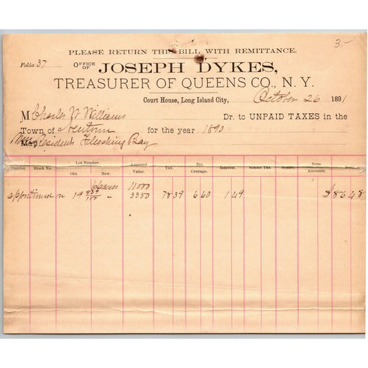 1891 Letterhead Joseph Dykes Treasurer Queens Co. Court House Long Island City