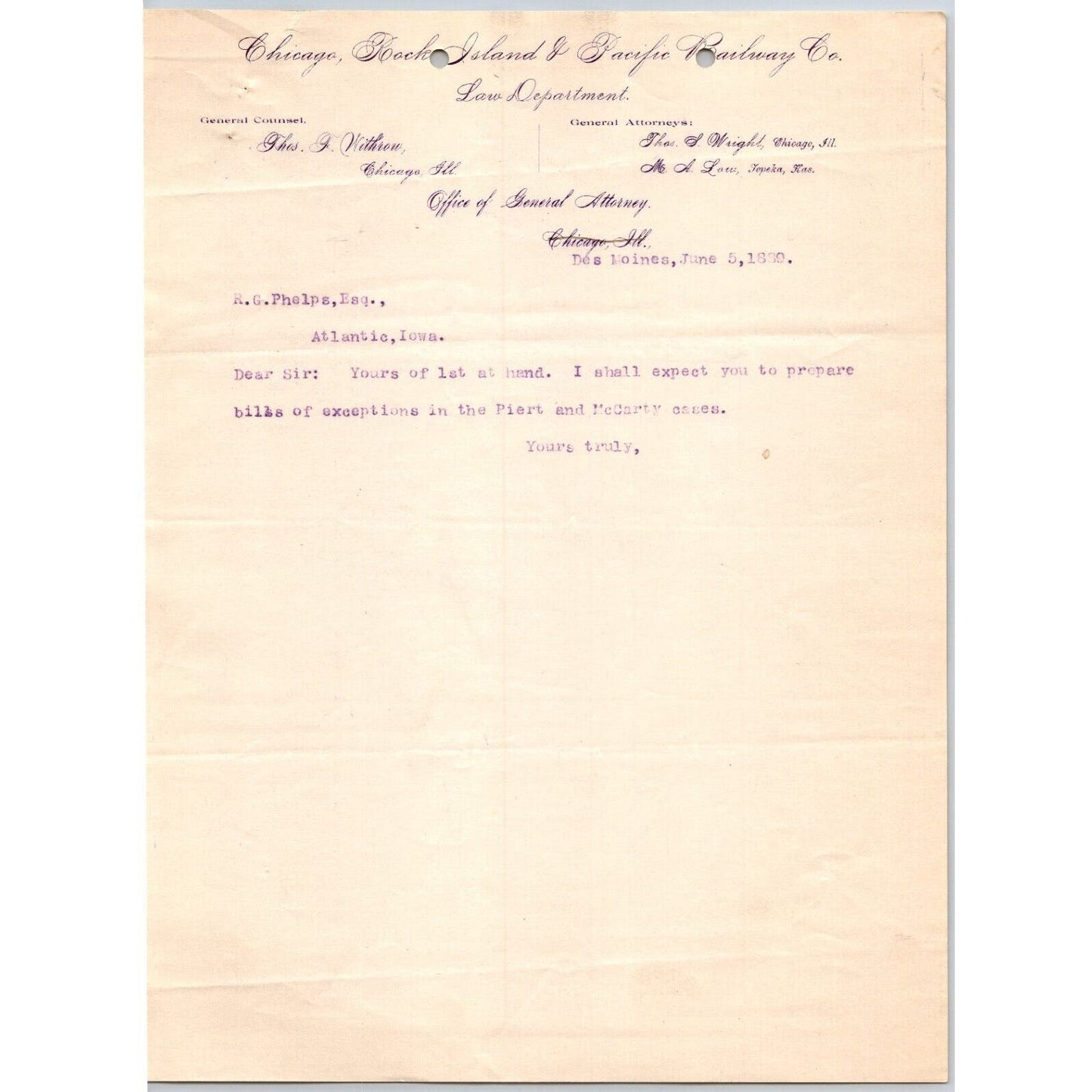 Chicago, Rock Island and Pacific Railway 1889 General Attorney Letterhead