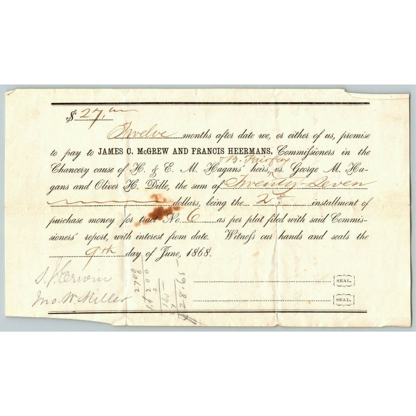 1868 Agreement to Pay Mc Grew & Heermans $27 Monthly for Tract of Land Document