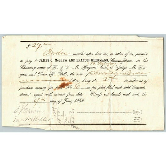 1868 Agreement to Pay Mc Grew & Heermans $27 Monthly for Tract of Land Document