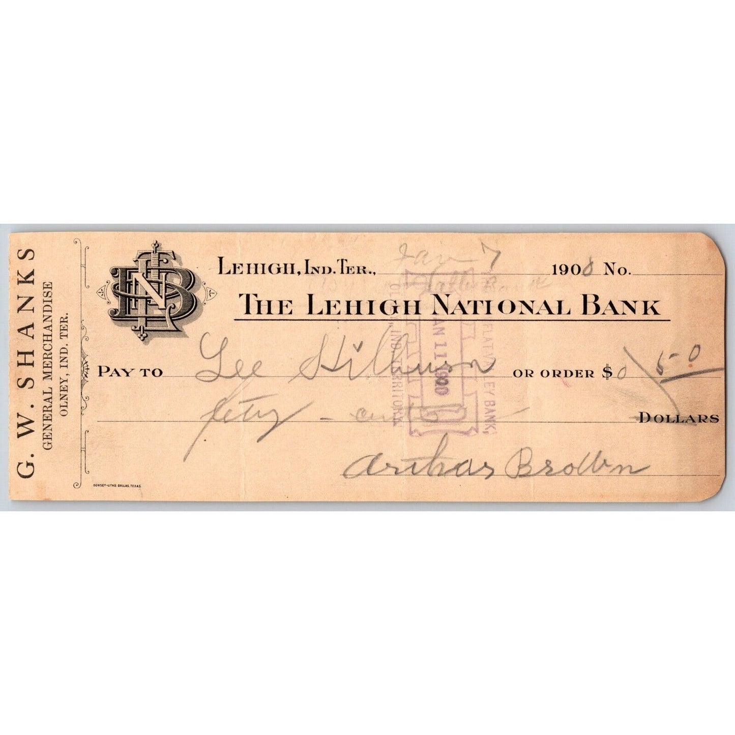 Lehigh, Oklahoma Indian Territory 1900 W. Shanks Olney Bank Check - Scarce