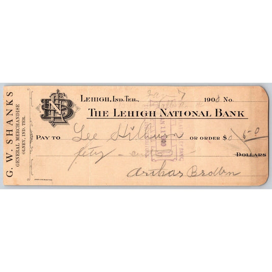 Lehigh, Oklahoma Indian Territory 1900 W. Shanks Olney Bank Check - Scarce