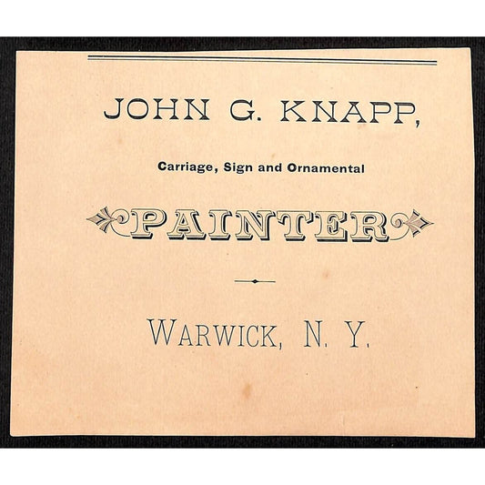 Warwick, NY John G. Knapp Painter Carriage Sign c1896 Trade Card Sheet Scarce