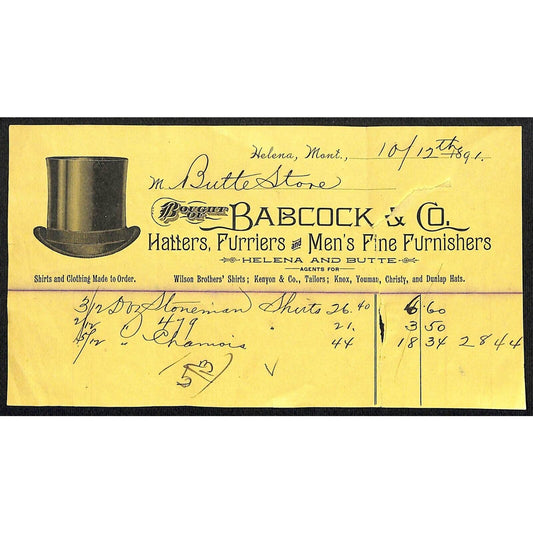 Helena Butte Montana Babcock & Co. Hatters Furriers 1891 Billhead w/ Top Hat