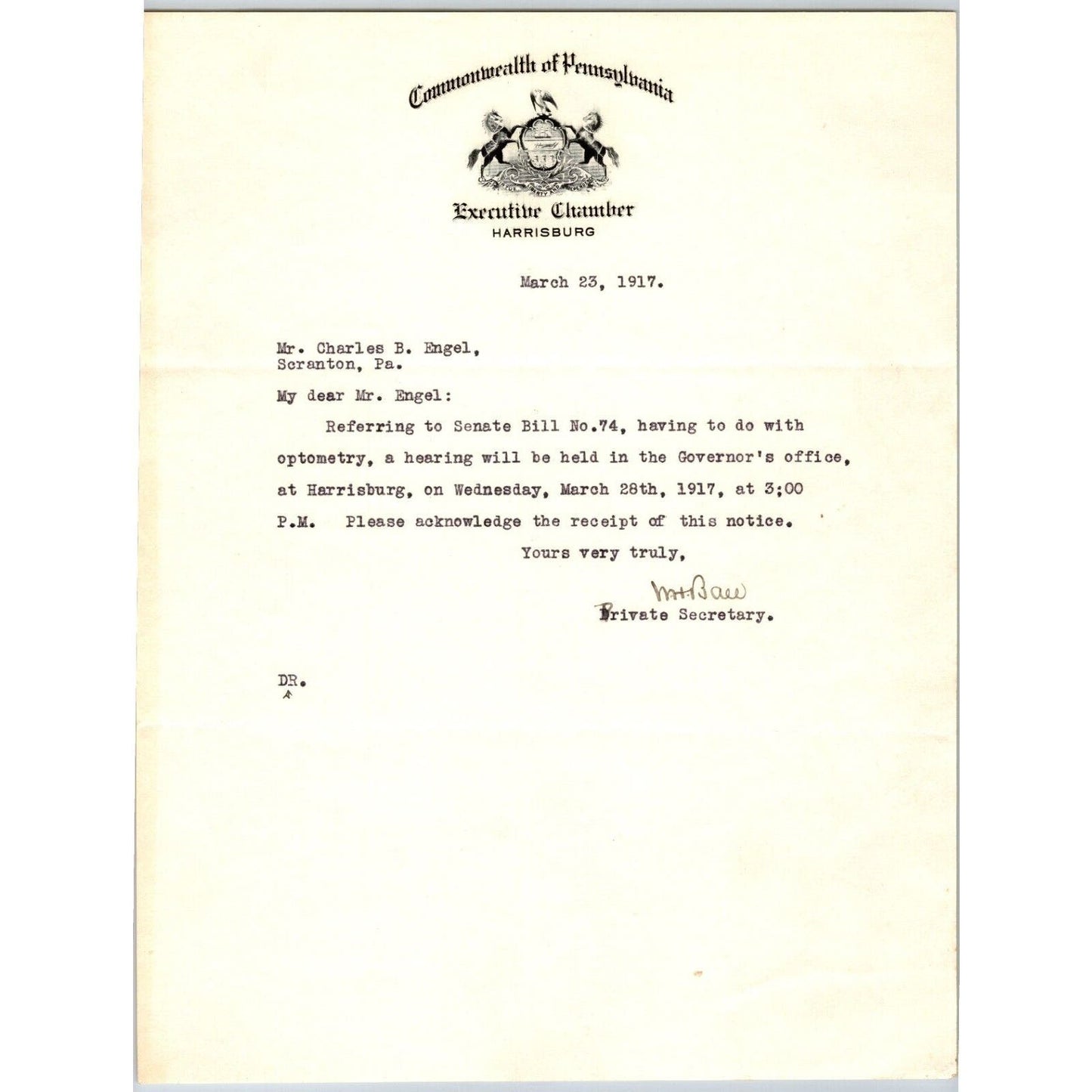 1917 Commonwealth of Pennsylvania Executive Chamber "Engel" Letterhead