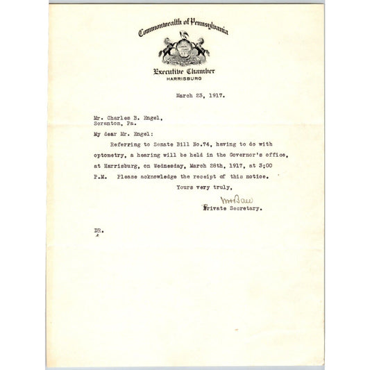 1917 Commonwealth of Pennsylvania Executive Chamber "Engel" Letterhead