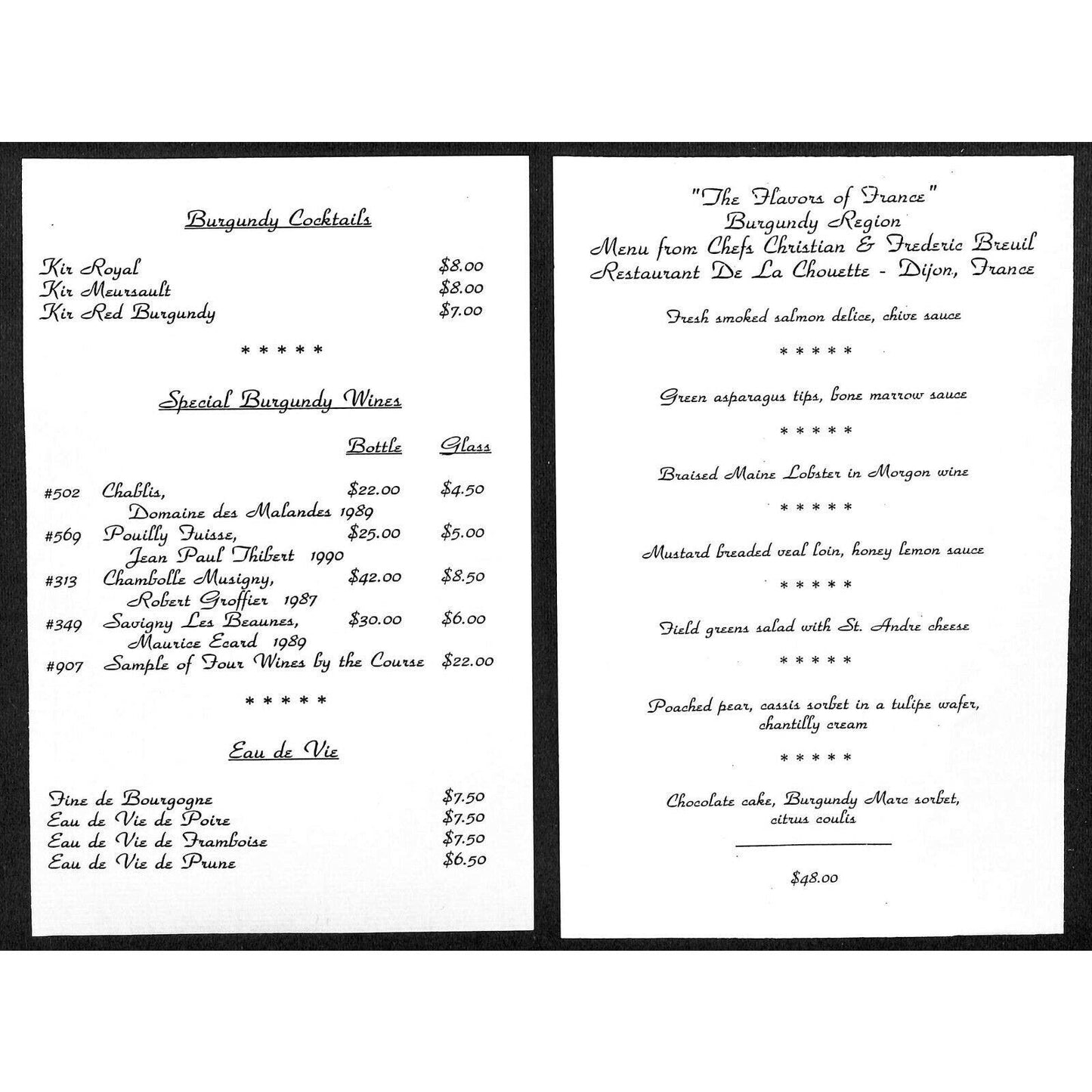 c1990's Restaurant De La Chouette Dijon, France Restaurant Menu Card Chef Breuil