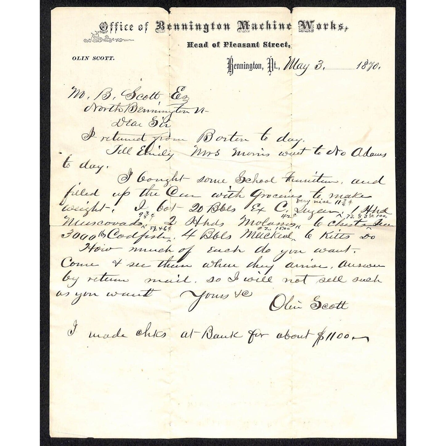 Bennington, VT Olin Scott "Bennington Machine Works" 1870 ALS Letterhead