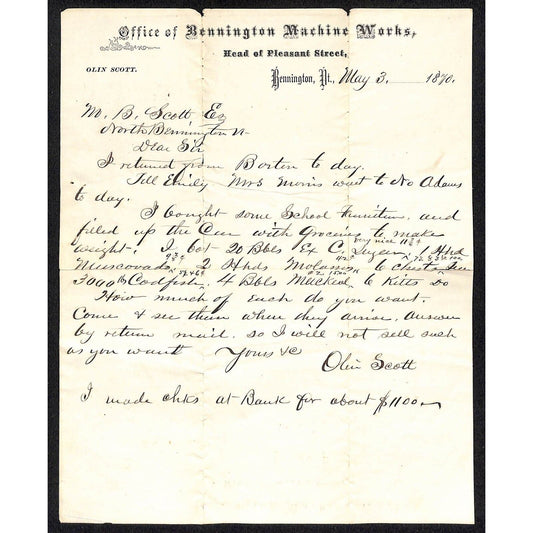 Bennington, VT Olin Scott "Bennington Machine Works" 1870 ALS Letterhead