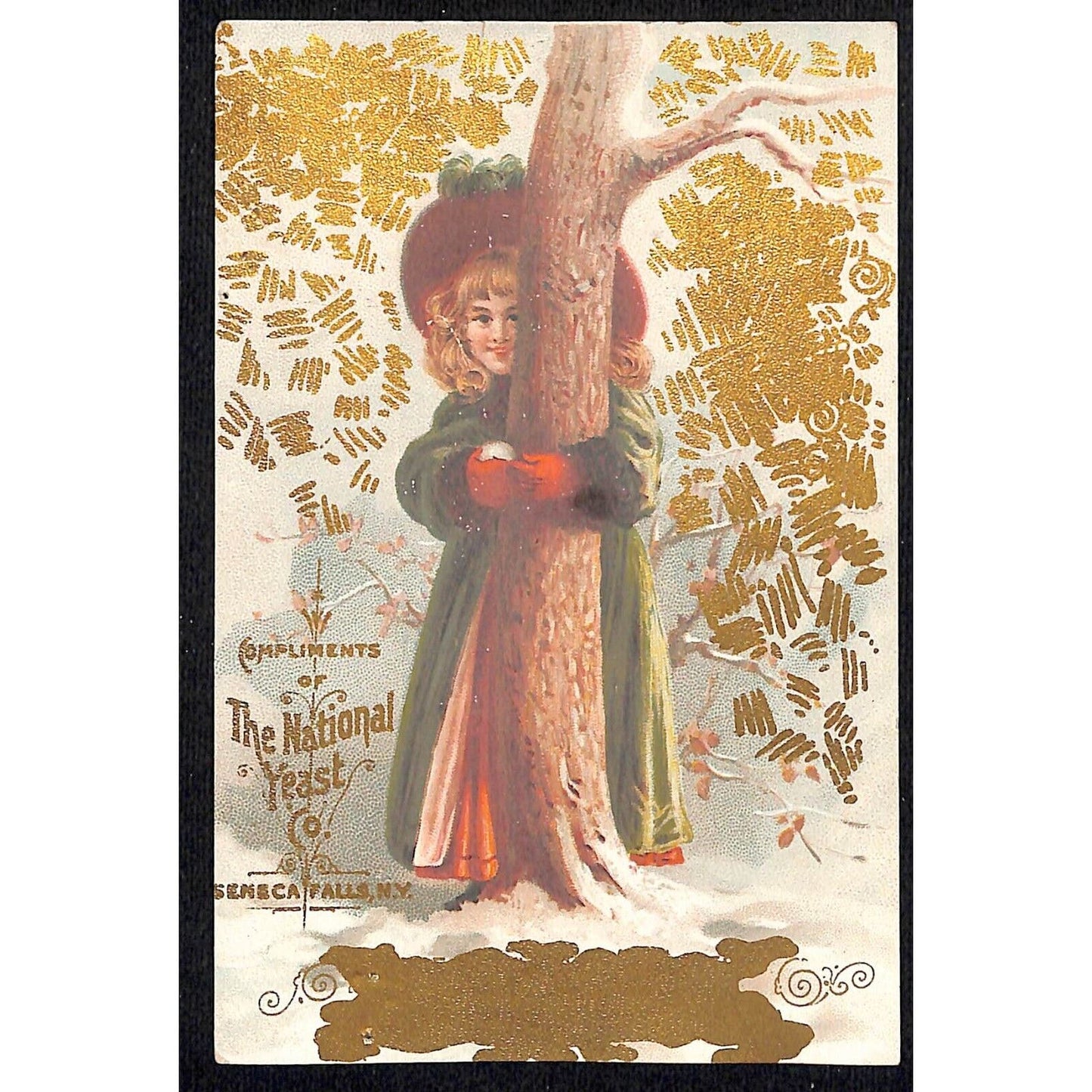 National Yeast Co. Seneca Falls, NY Victorian Trade Card Girl Hugs Tree
