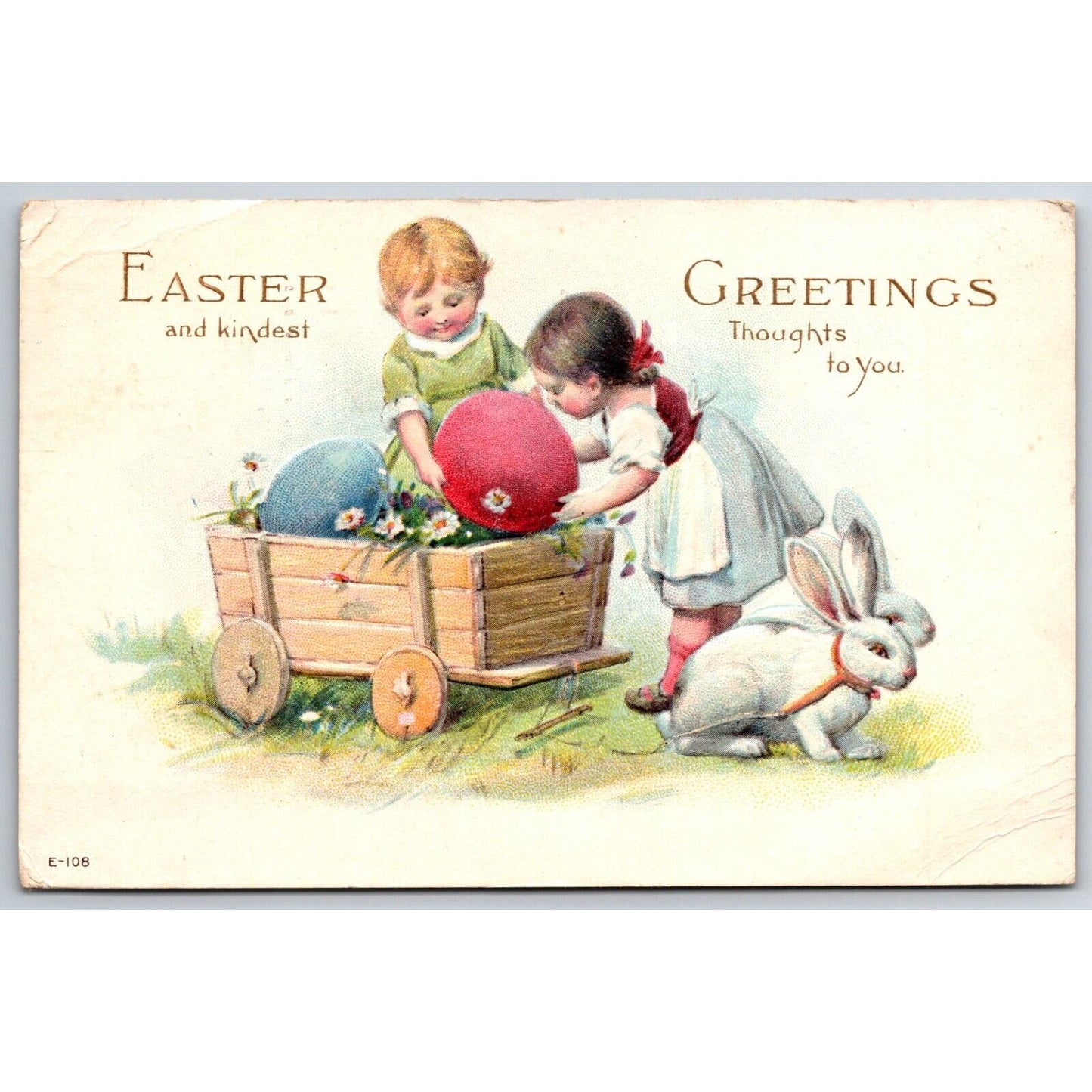 Easter Postcard Bunny Rabbit Pulls Wagon Eggs Girls EMB PM 1916