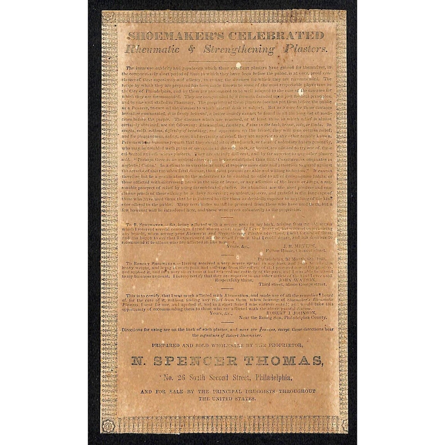 N. Spencer Thomas Philadelphia Shoemaker's Plasters c1840's-50's ?? Very Scarce