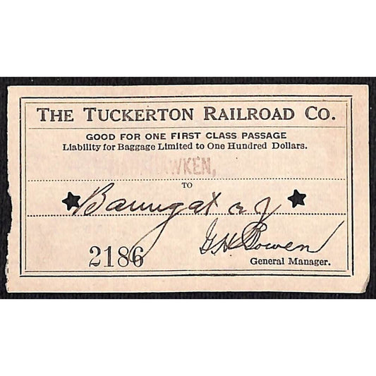 1931 Tuckerton Railroad First Class Ticket Manahawken, NJ Scarce #2186