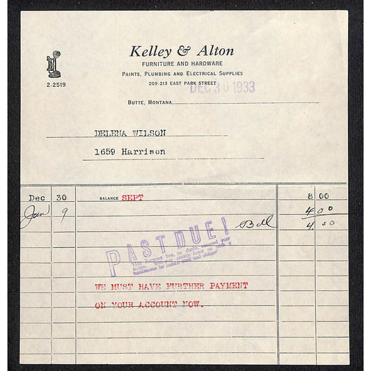 Kelly & Alton Furniture - Butte Montana c1933 Billhead Letterhead - Wilson Drug