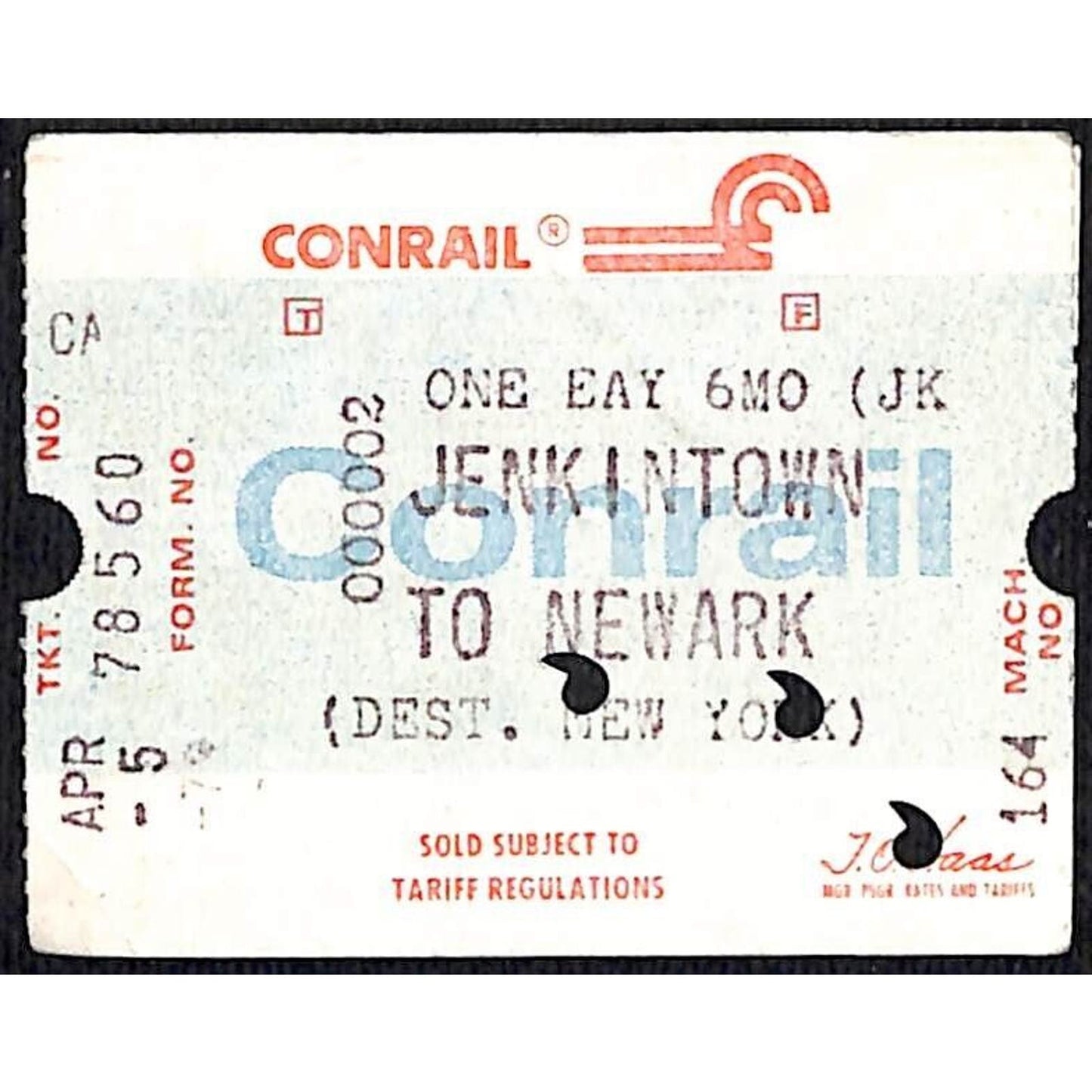 1979 Conrail Railroad Ticket Jenkintown to Newark #78560