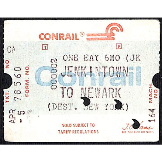 1979 Conrail Railroad Ticket Jenkintown to Newark #78560