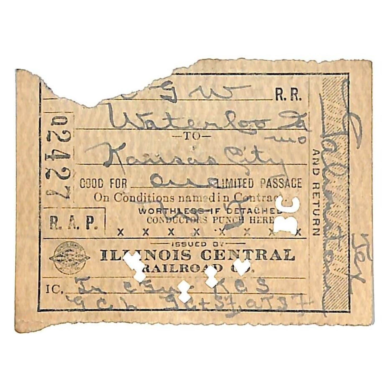 Illinois Central Railroad / CGW Waterloo to Kansas City 1920 Ticket