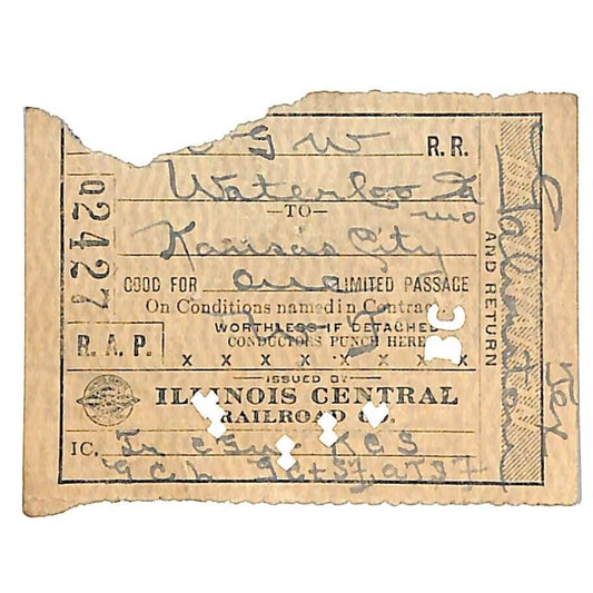 Illinois Central Railroad / CGW Waterloo to Kansas City 1920 Ticket