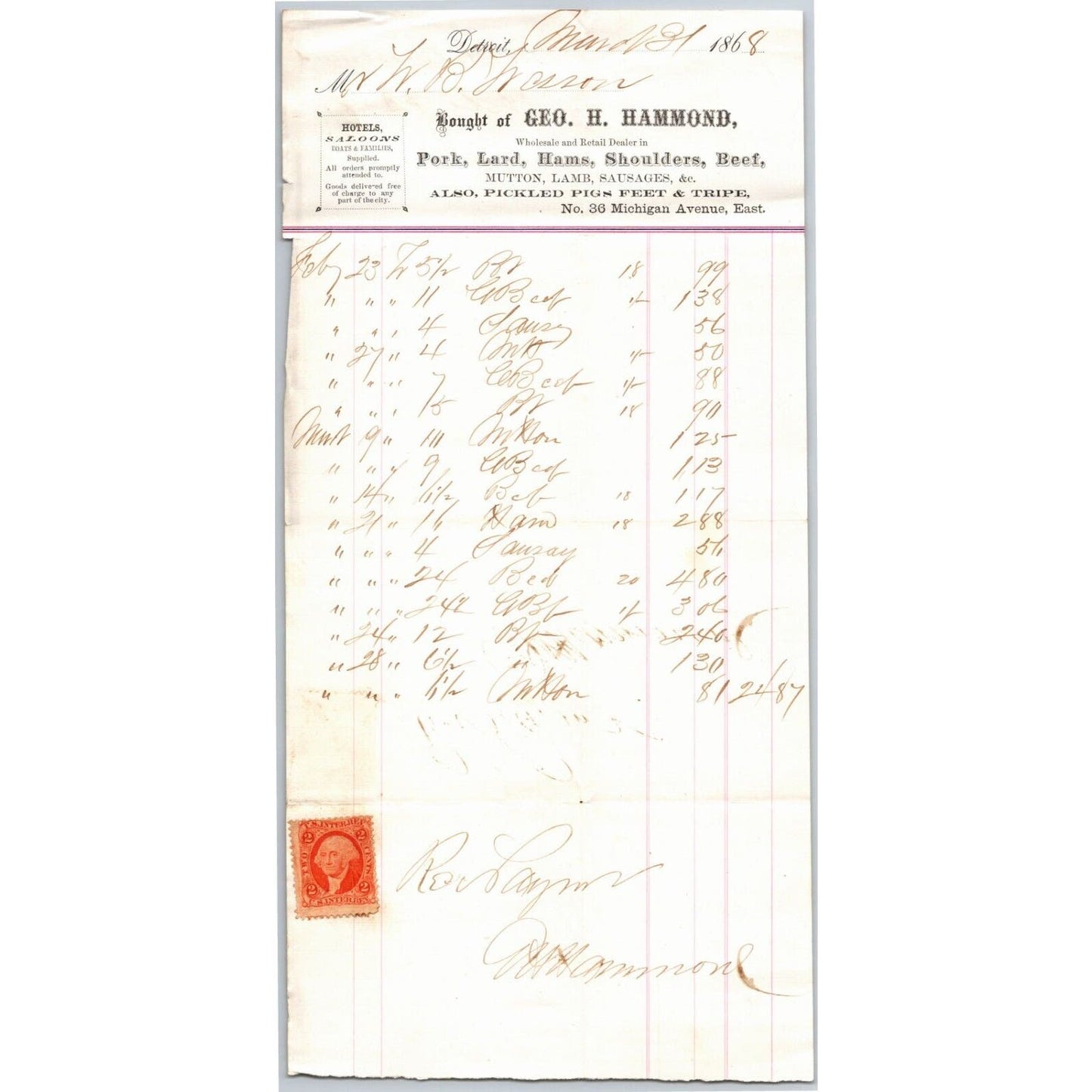 Detroit Letterhead Geo. H. Hammond Pork Lard Hams Beef - 1868 w/ Rev Stamp