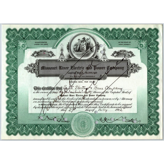 Missouri River Electric and Power 1912 Stock Certificate 9,990 Shares Cert #5