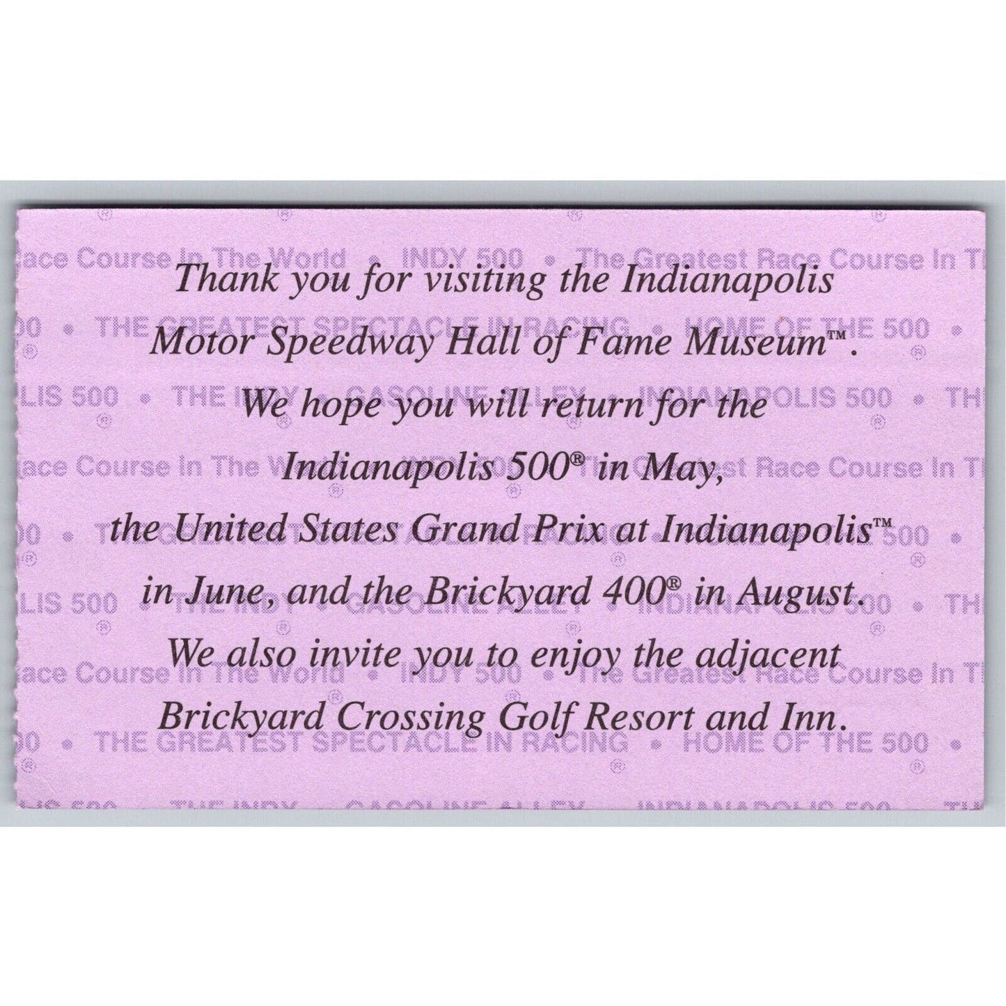 c1980's Indy 500 Hall of Fame Museum Comp Ticket Stub Card Indianapolis #12768
